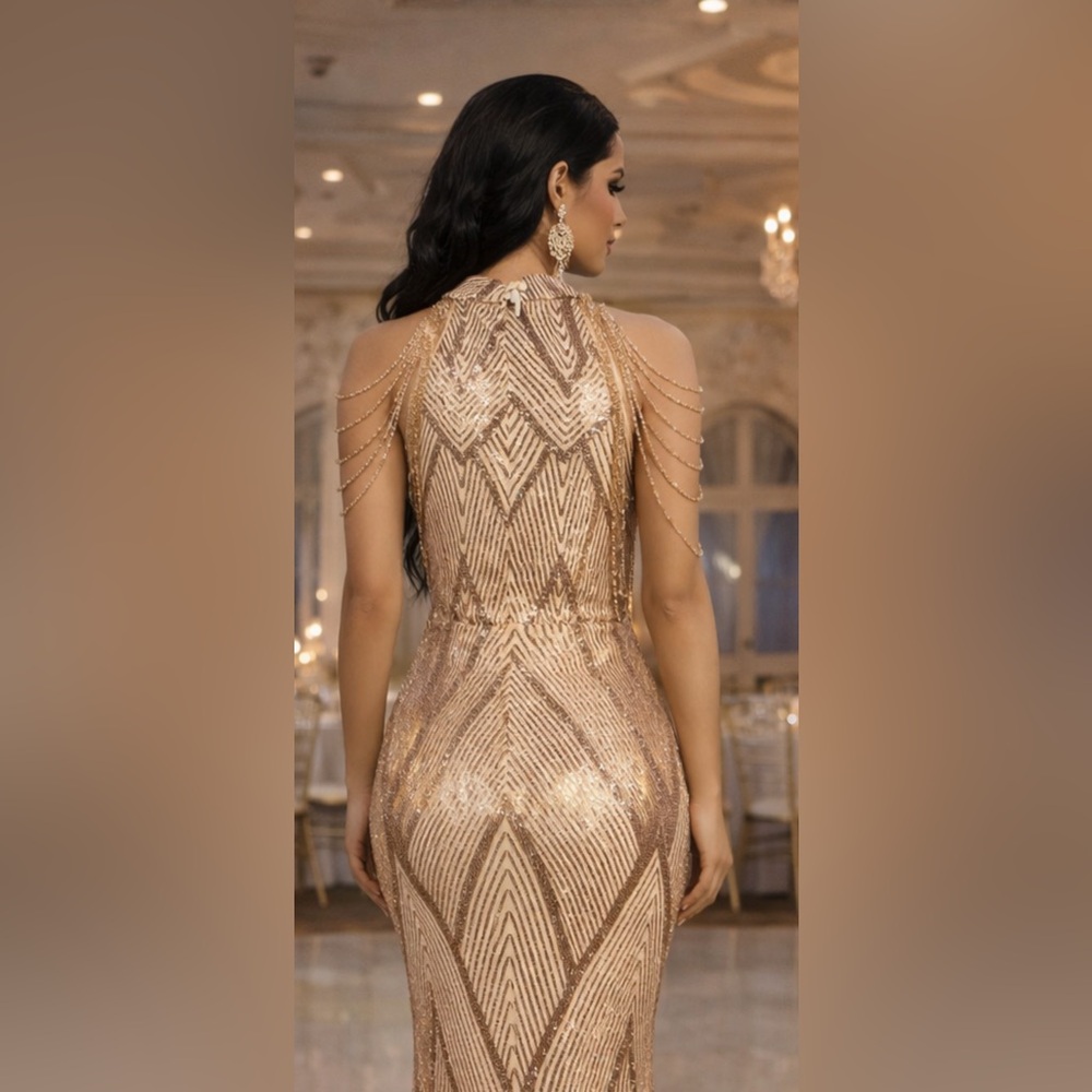 Gold Sequin Halter Gown Small Beaded Art Deco Formal Evening Dress Prom Military - Picture 3 of 6